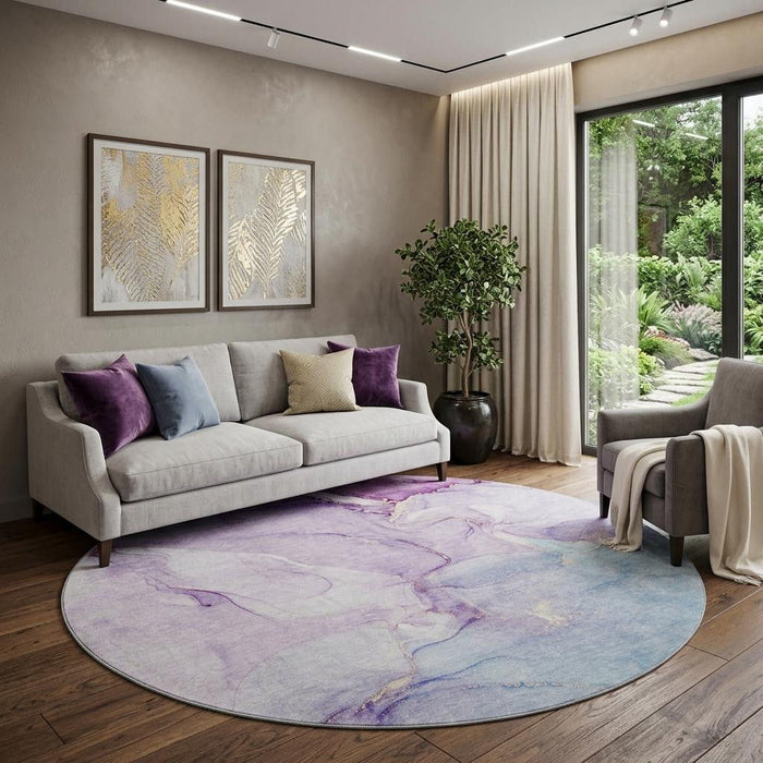 8' Abstract Washable Round Rug With UV Protection (647185) - Purple / Blue / Ivory