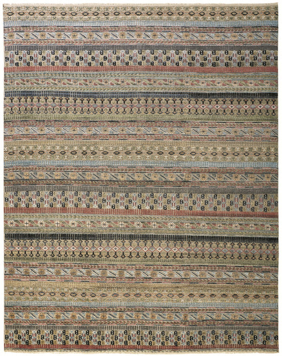 9' x 13' Striped Hand Knotted Area Rug - Tan Blue And Orange