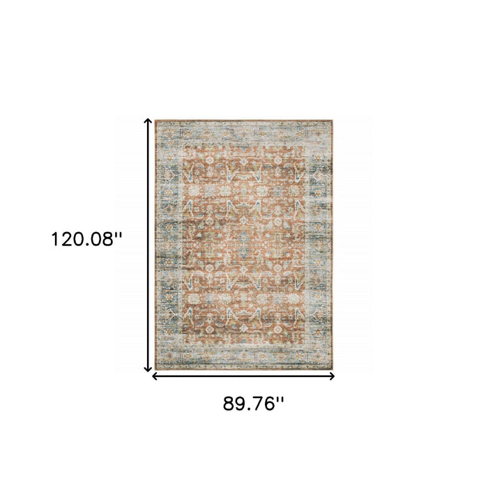 7' x 10' Oriental Printed Stain Resistant Non Skid Area Rug - Rust Blue Ivory And Gold