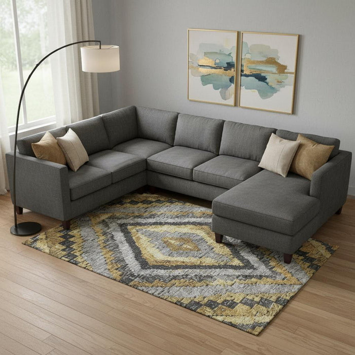 10' X 14' Diamond Washable Area Rug With UV Protection (707065) - Gold / Charcoal / Gray
