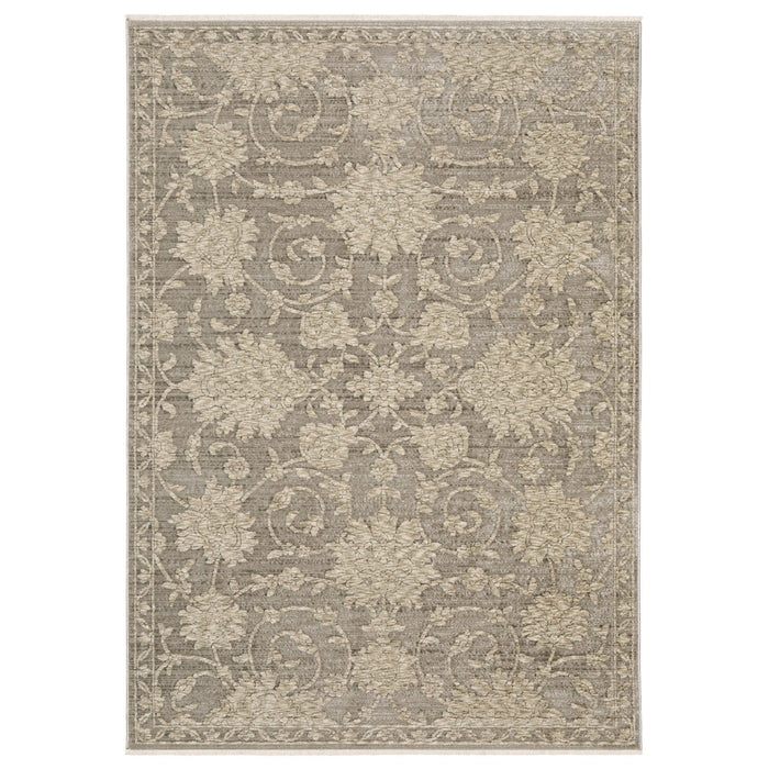 8' X 11' Floral Area Rug With Fringe - Gray And Beige