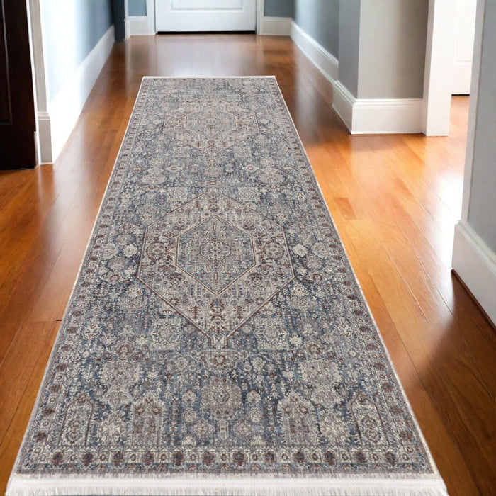 10' Floral Power Loom Stain Resistant Runner Rug - Blue And Ivory