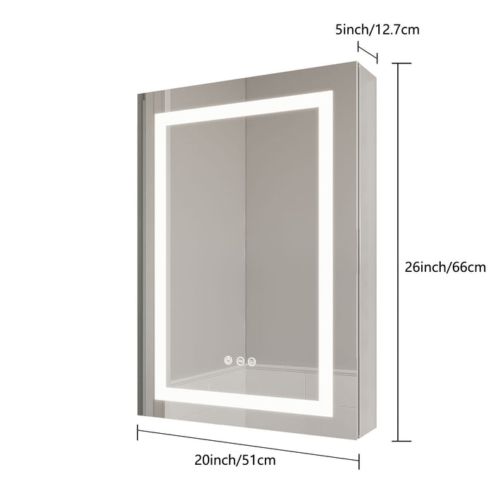 Giga bathroom medicine cabinet with LED mirror, anti-fog, waterproof, single door, touch switch, adjustable 3000K-6000K lighting