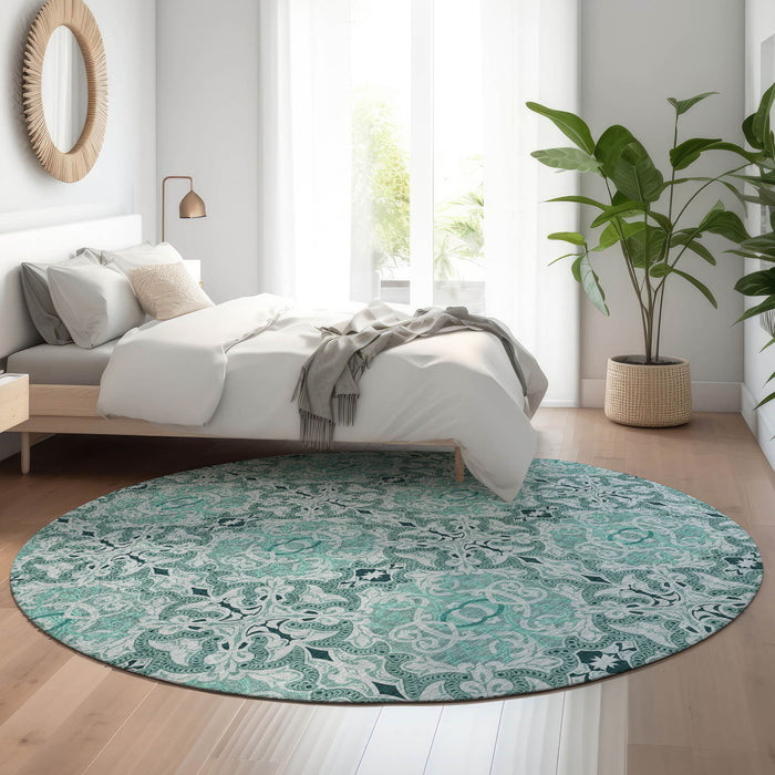 8' Medallion Washable Round Rug Polyester With UV Protection - Teal And Ivory