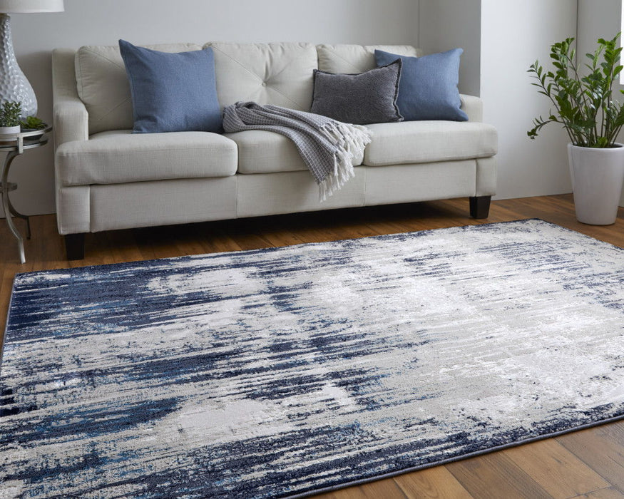7' x 10' Abstract Power Loom Distressed Area Rug - Tan Blue And Ivory