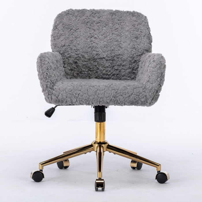 Giga swivel office chair with artificial rabbit hair upholstery, metal base, adjustable height, and rolling caster wheels for home or desk use.