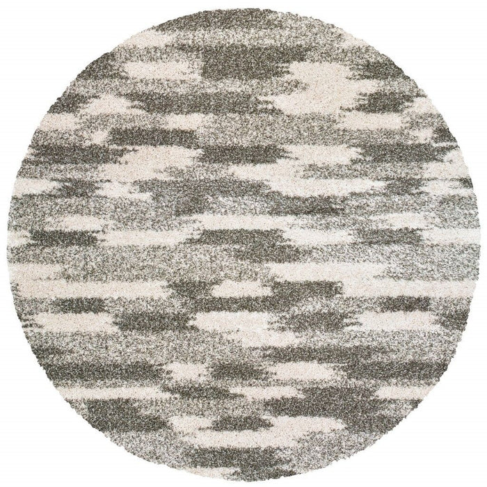 8' Round Geometric Pattern Area Rug - Gray And Ivory