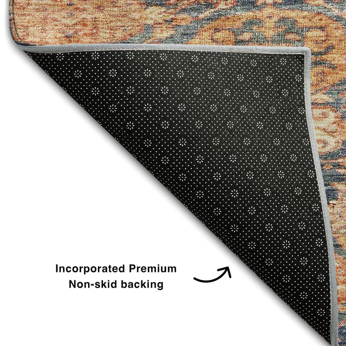 10' X 14' Damask Washable Area Rug With UV Protection (683950) - Terra Cotta / Blue