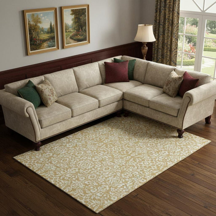 10' X 14' Damask Washable Area Rug With UV Protection (673121) - Gold / Ivory
