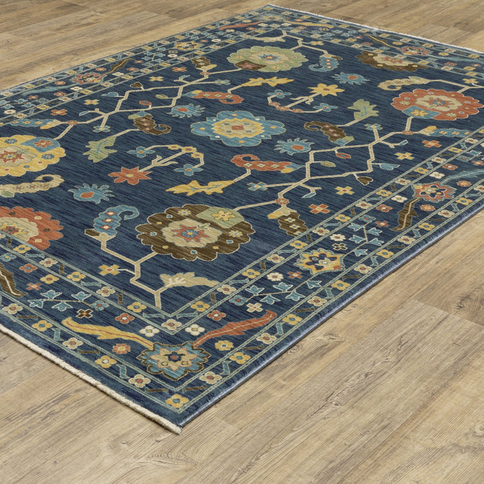 7' X 10' Oriental Area Rug With Fringe - Blue And Gold