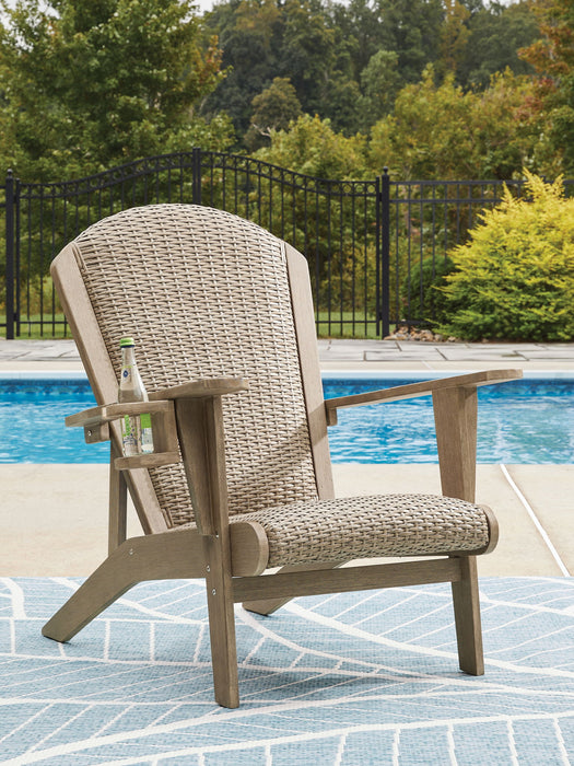 Beige Adirondack arm chair from Signature Design by Ashley, featuring a comfortable wooden design perfect for outdoor seating.
