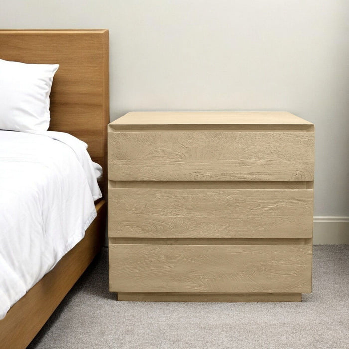 24" Contemporary Solid Wood Ribbed Texturere Three Drawer Nightstand - Natural