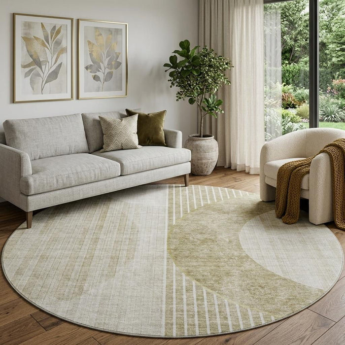 8' Geometric Washable Round Rug With UV Protection (655755) - Taupe / Beige