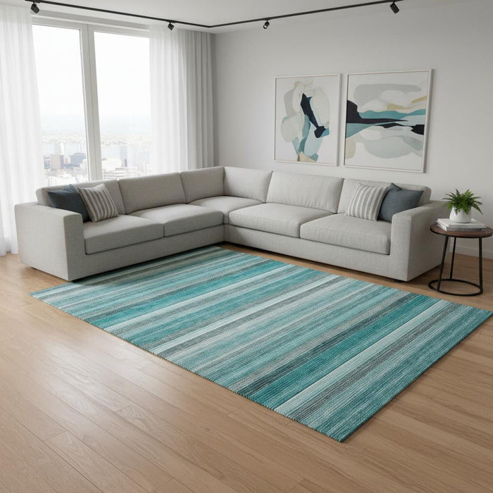 9' X 12' Striped Washable Area Rug With UV Protection (648057) - Teal / Gray / Ivory