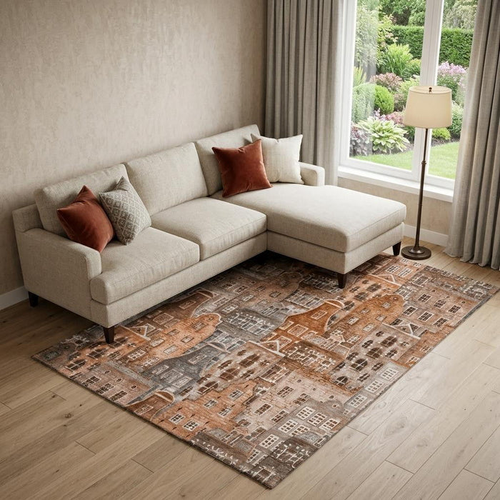 9' X 12' Abstract Geometric Washable Area Rug With UV Protection (650883) - Chili Red / Gray / Ivory