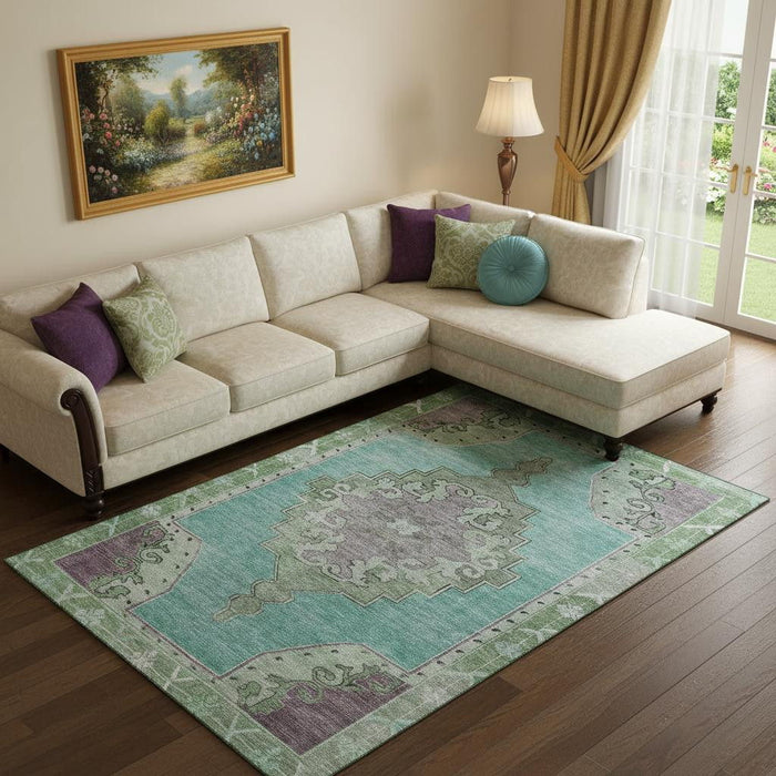 10' X 14' Oriental Washable Area Rug With UV Protection (699502) - Teal / Green / Lavender
