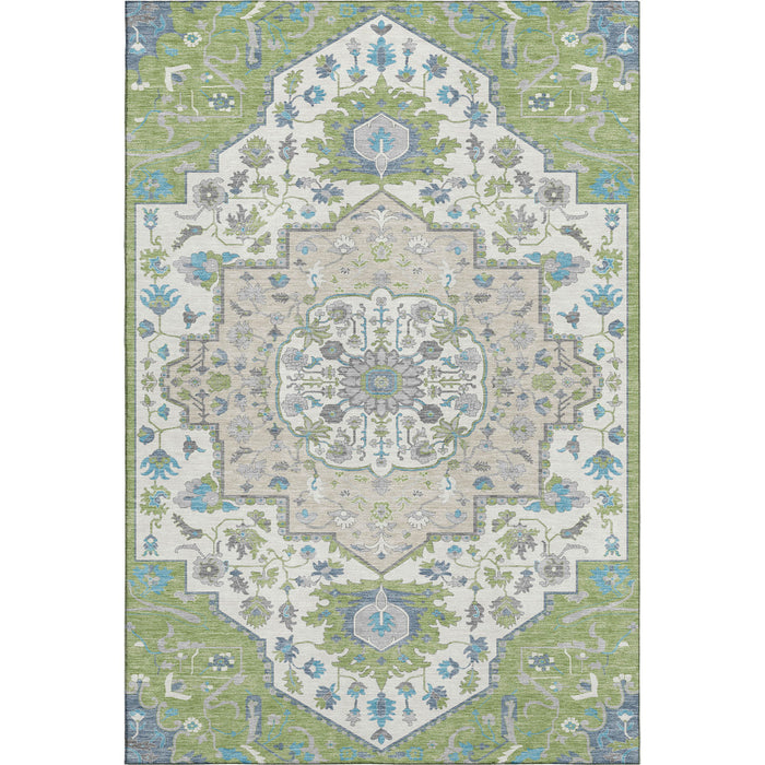 10' X 14' Oriental Washable Area Rug With UV Protection (677741) - Artichoke Green / Ivory / Blue