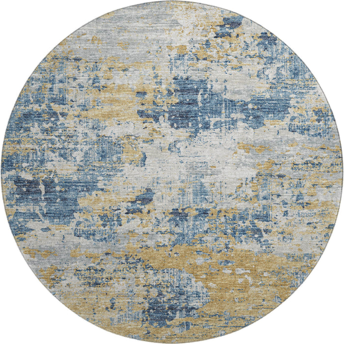 8' Transitional Abstract Washable Round Rug With UV Protection - Blue