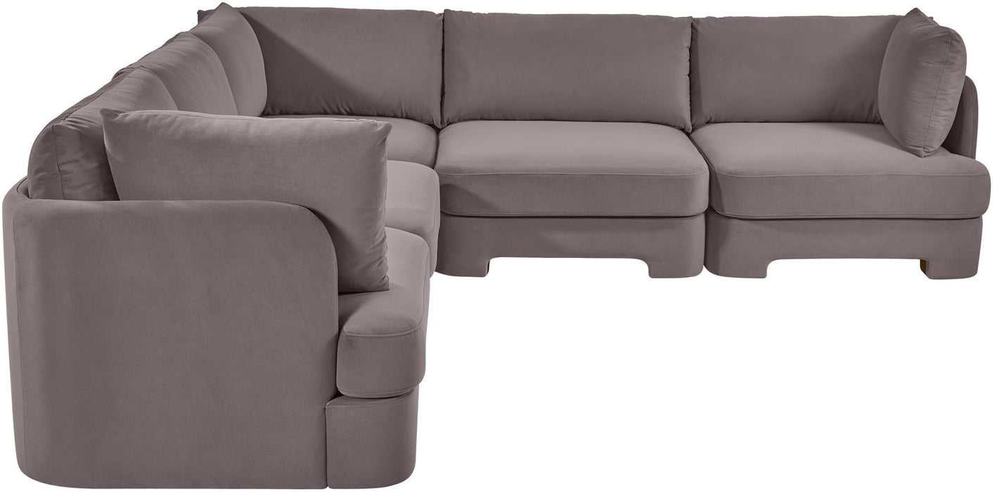 Meridian Furniture Hammond velvet performance fabric upholstered 5-piece corner sectional sofa in a stationary living room setting.