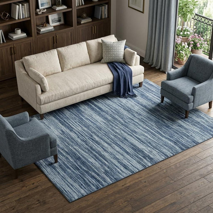 10' X 14' Striped Washable Area Rug With UV Protection (675576) - Blue / Ivory