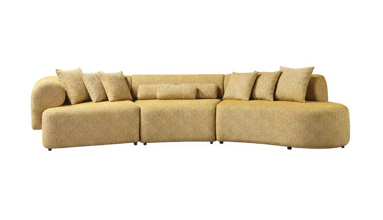 Mustard Boucle Modular Curved Three Piece Sectional With Toss Pillows - Mustard