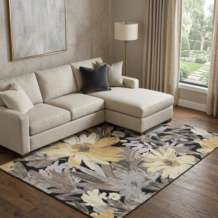 10' X 14' Floral Washable Area Rug With UV Protection (693948) - Black / Gray / Wheat