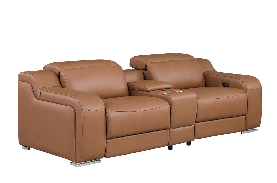 Italian Leather Power Reclining Loveseat With Storage (633759) - Cognac / Silver