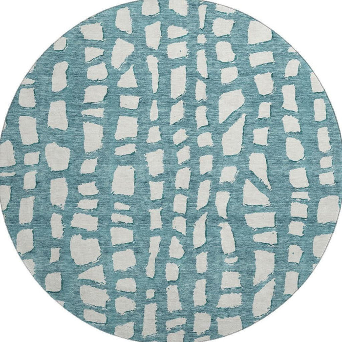 8' Cobblestone Washable Round Rug With UV Protection - Teal And Ivory