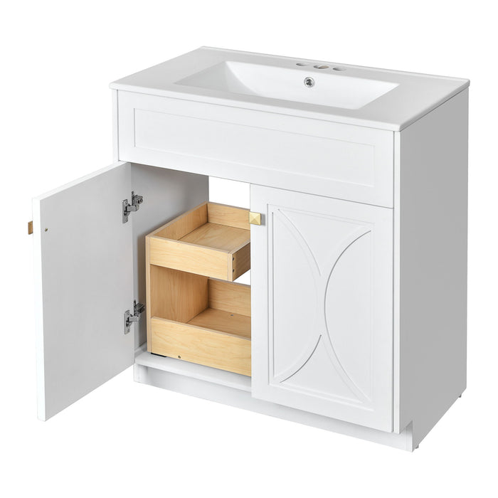 Giga bathroom vanity with sink, freestanding storage cabinet, soft-closing doors, and handles for modern bathroom organization.