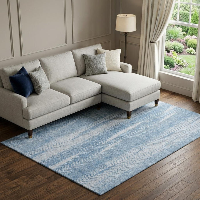 10' X 14' Striped Washable Area Rug With UV Protection (656537) - Sky Blue / Ivory