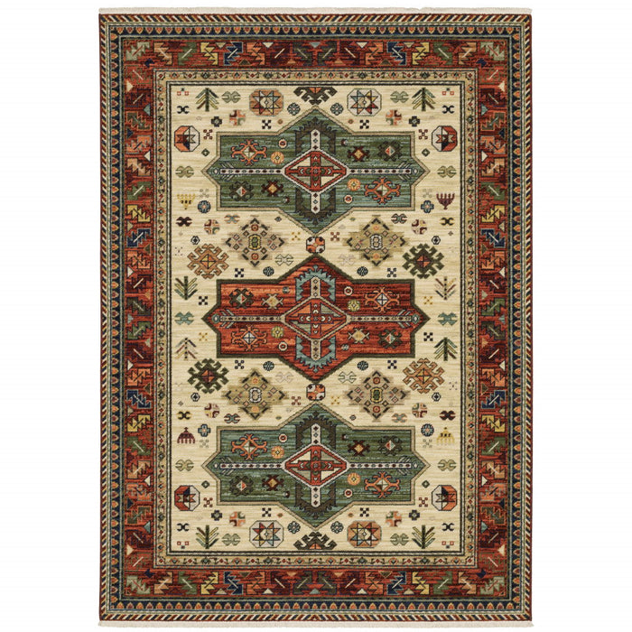 5' x 8' Oriental Power Loom Stain Resistant Area Rug With Fringe - Brick Red Orange Rust Beige Gold Pale Blue Olive Navy And Black