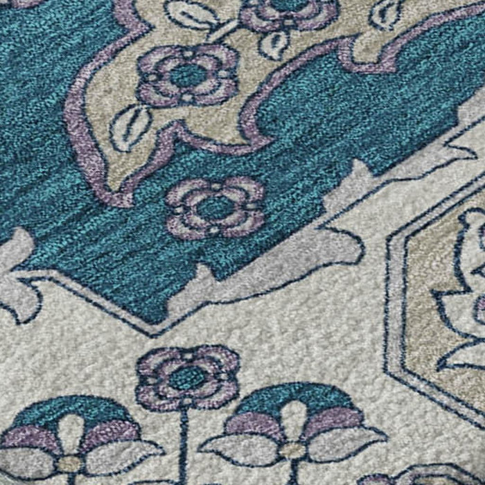 10' X 14' Floral Medallion Washable Area Rug With UV Protection (705875) - Teal / Ivory