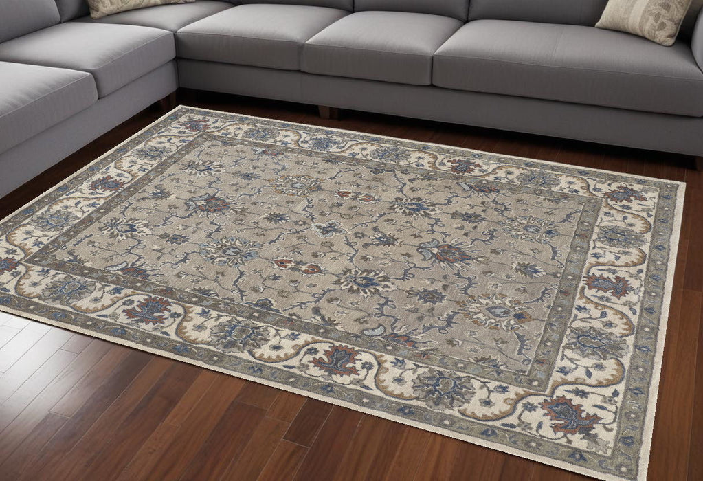 8' x 10' Wool Floral Hand Tufted Rectangle Area Rug - Ivory And Gray