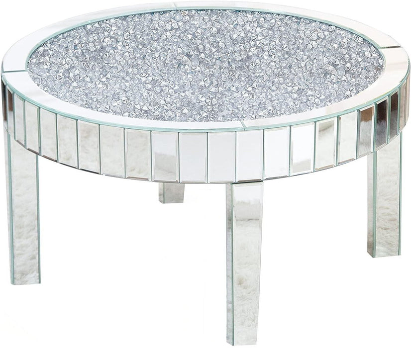 31" Mirro Glass And Faux Crystal Round Coffee Table - Silver