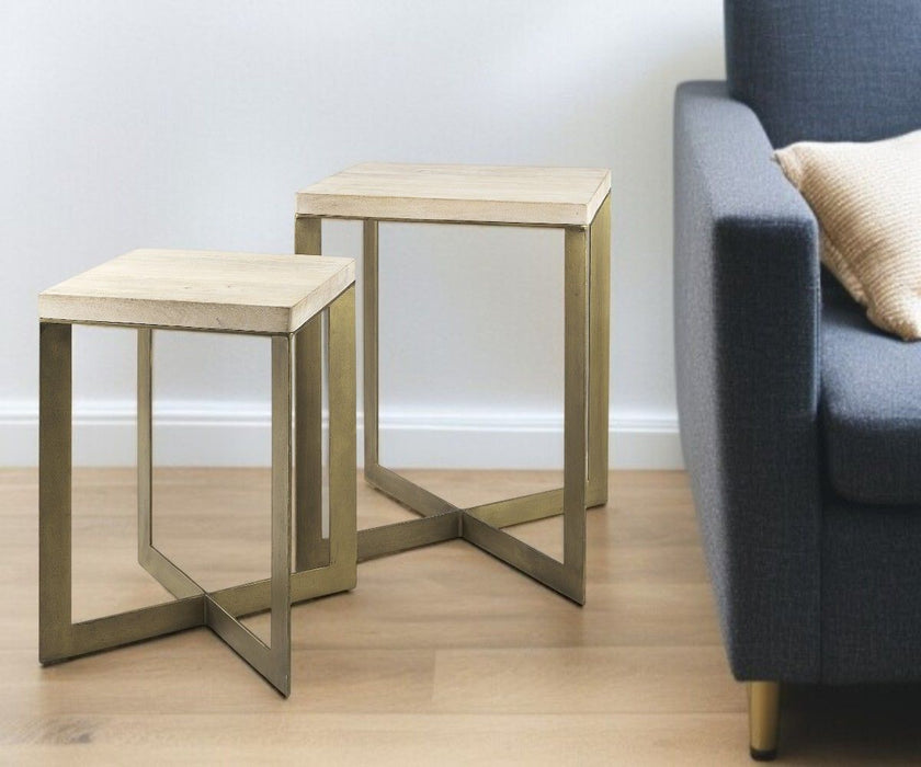 Solid Wood And Metal Square Cross Legs Nested Tables (Set of 2) - Beige