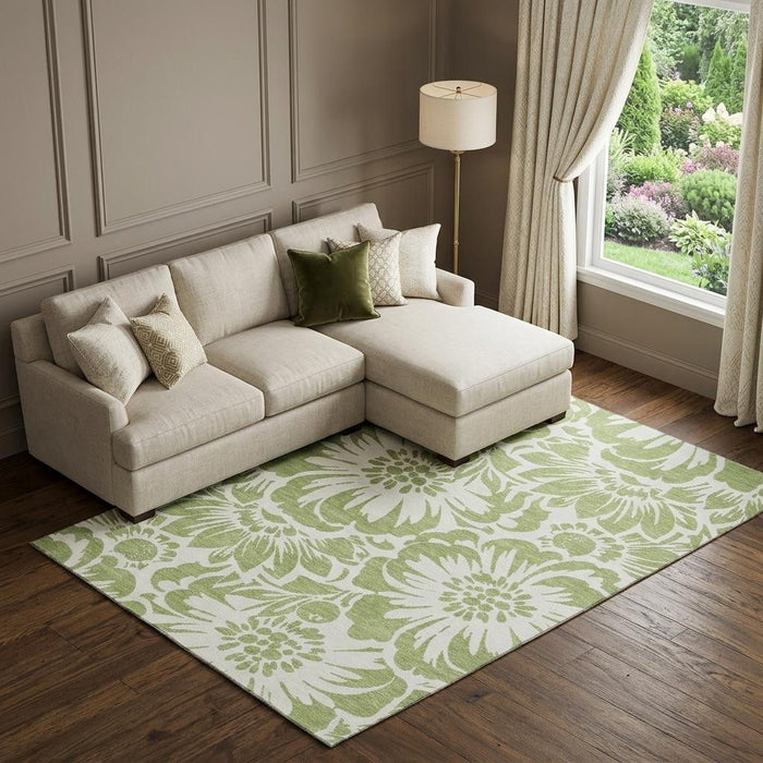 8' X 10' Floral Washable Area Rug With UV Protection (648614) - Fern Green / Ivory