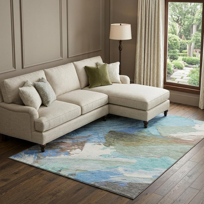 10' X 14' Abstract Washable Area Rug With UV Protection (694158) - Sky Blue / Ivory / Charcoal