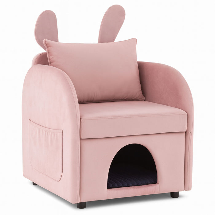 Pink bunny ear pet-friendly armchair with hidden pet house and storage pocket, ideal for bedroom or living room. Giga brand.