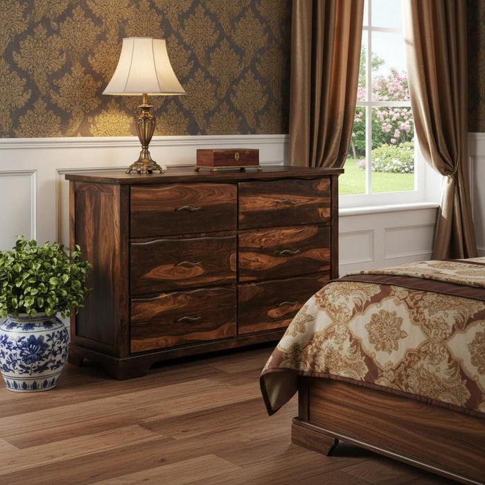 Solid Wood Six Drawer Dresser - Dark Brown