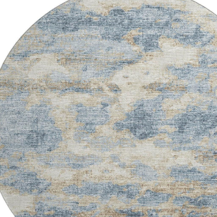 8' Abstract Washable Round Rug With UV Protection - Blue And Gold