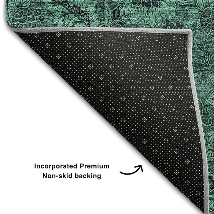 10' X 14' Floral Washable Area Rug With UV Protection (655096) - Teal / Charcoal