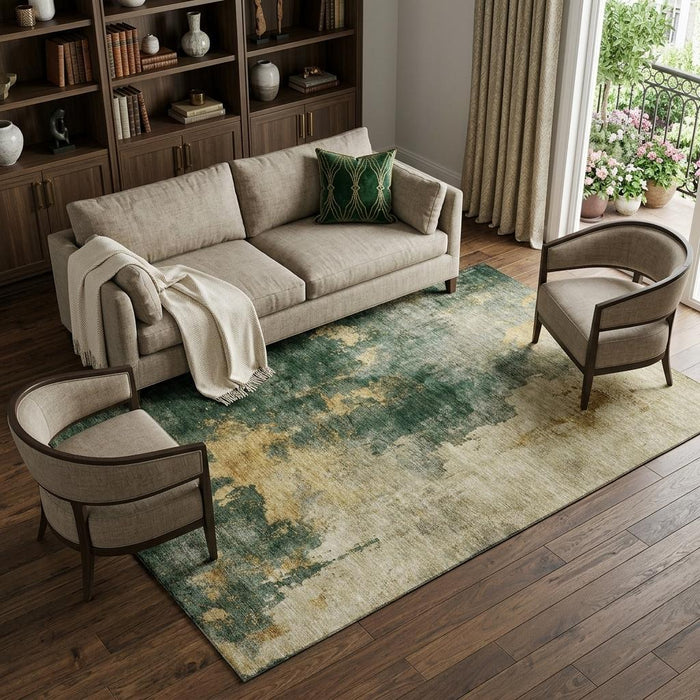 10' X 14' Abstract Washable Area Rug With UV Protection (683620) - Fern Green / Gold / Silver