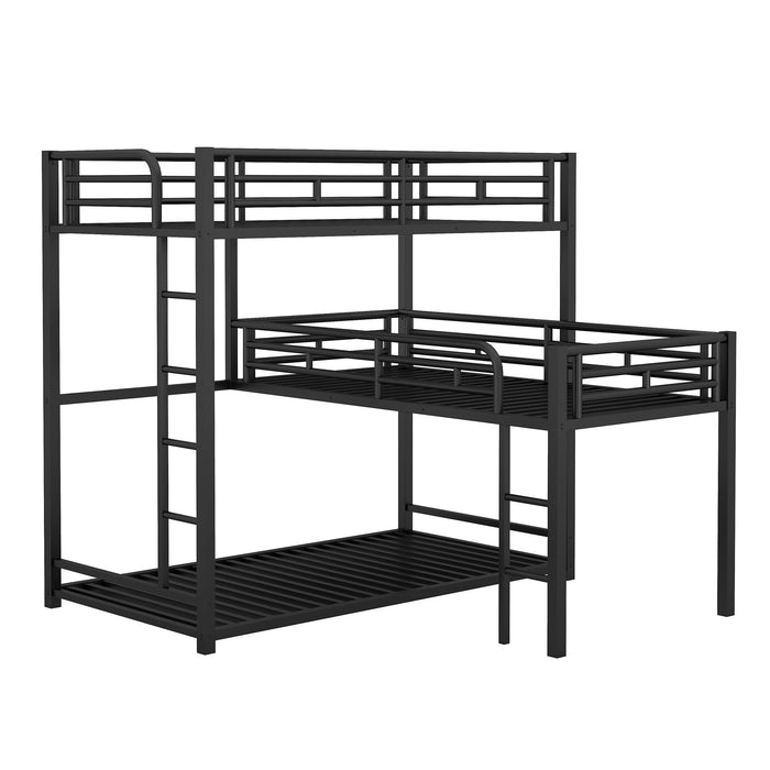 Black L-shaped triple twin size bunk bed by Giga with integrated ladder and full-length guardrails in industrial style.