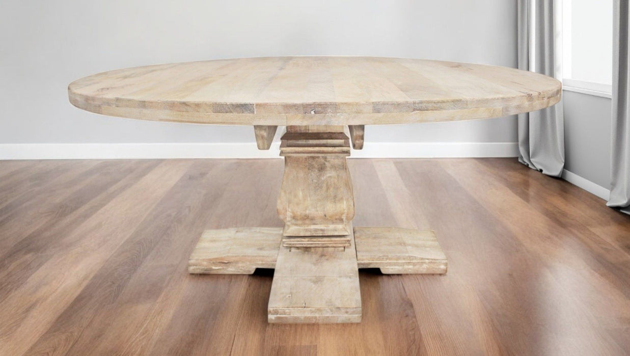 70" Rounded Solid Wood Pedestal Base Dining Table - Brown
