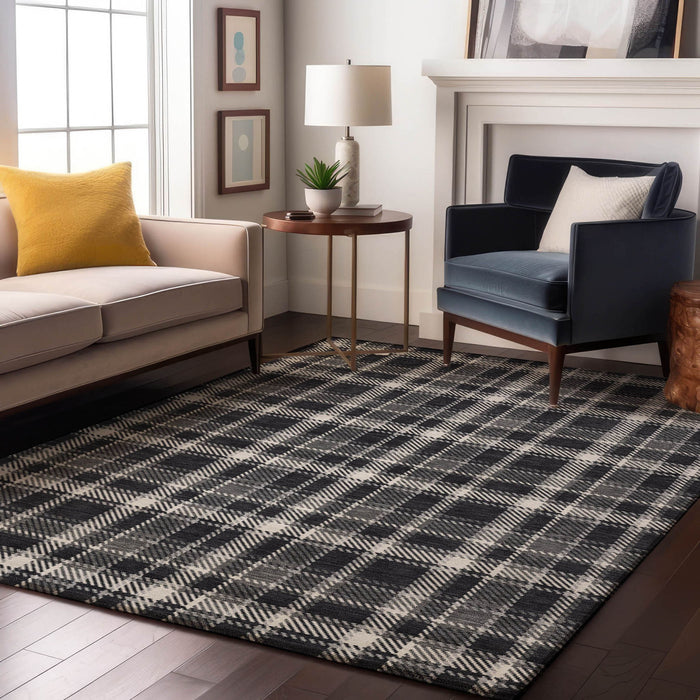 9' X 12' Plaid Washable Area Rug With UV Protection - Black And Ivory