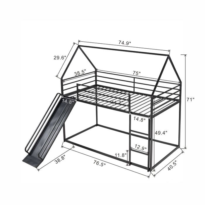 Giga twin over twin house bunk bed with ladder and slide, featuring a cozy wooden frame and playful design for kids' bedroom.