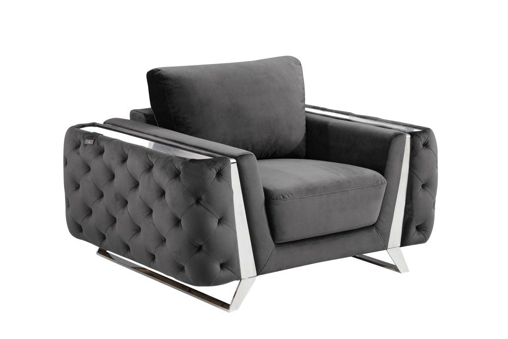 Velvet Tufted Arm Chair - Dark Gray And Silver