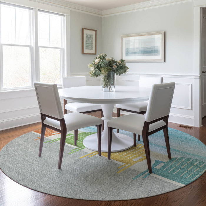 8' Nautical Washable Round Rug With UV Protection - Aqua