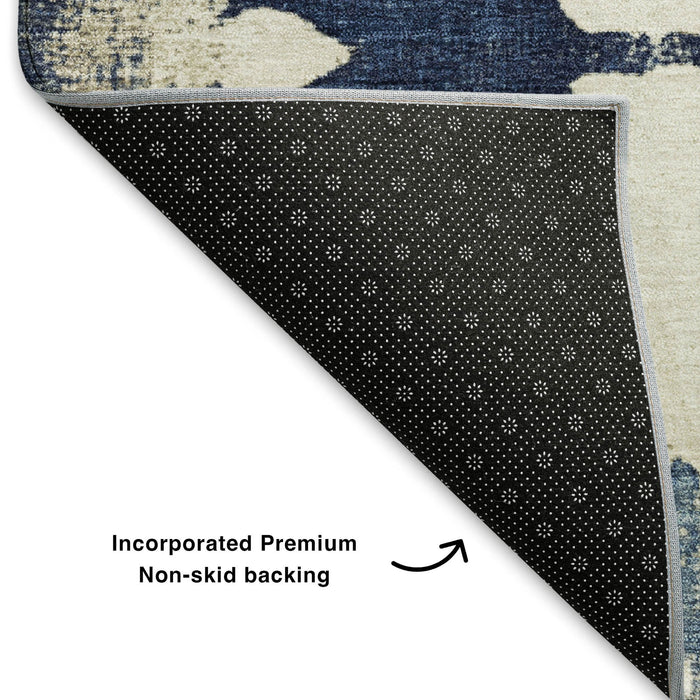 10' X 14' Floral Washable Area Rug With UV Protection (701605) - Navy Blue / Ivory