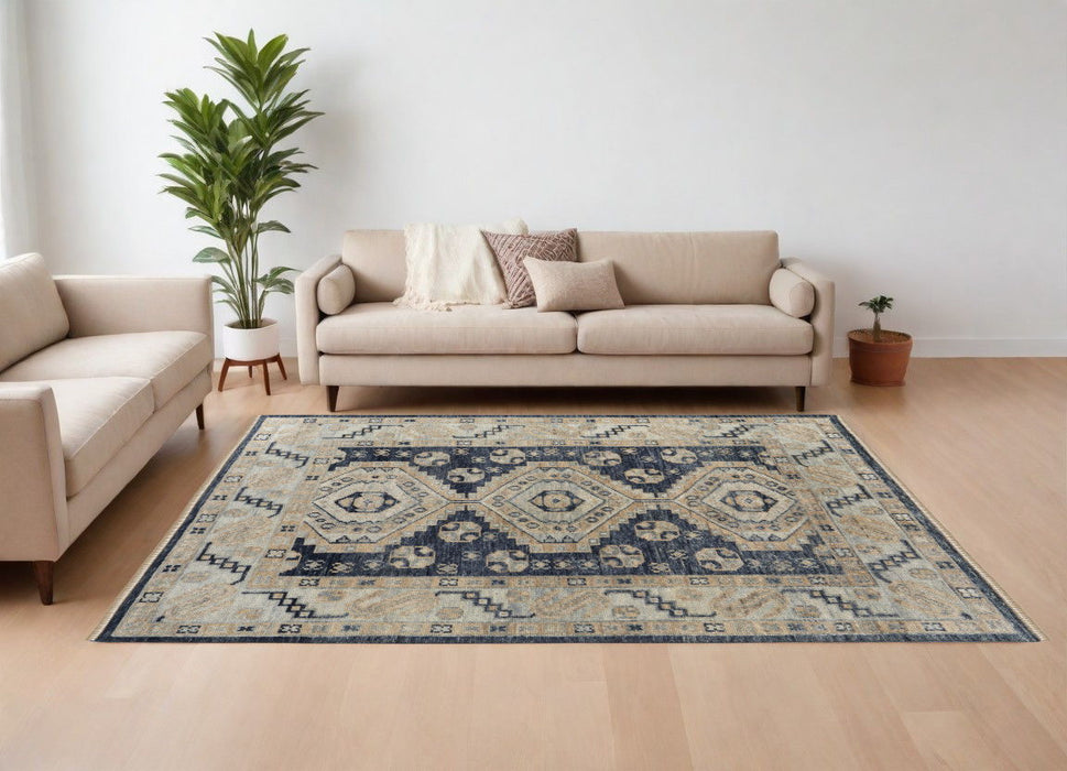 8' x 10' Wool Geometric Hand Knotted Area Rug With Fringe - Blue And Ivory